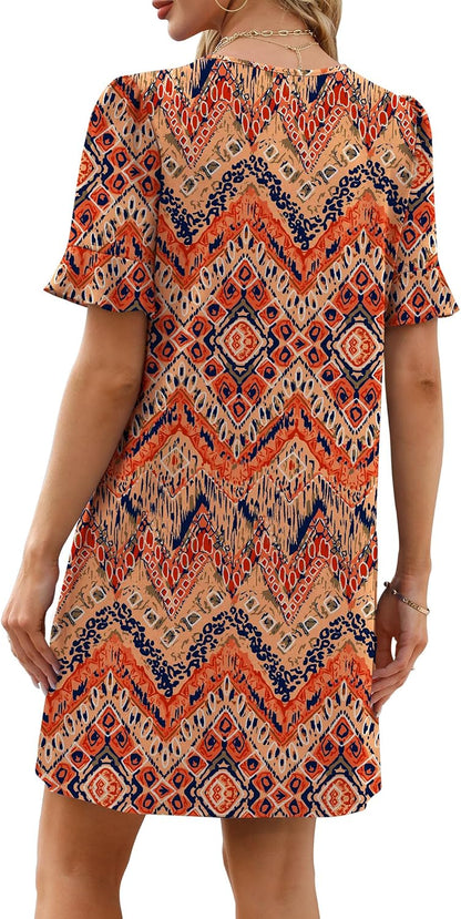 OFEEFAN Summer Dresses for Women Ruffle Short Sleeve V Neck Casual Shift Dress with Pockets .
