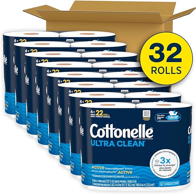 Cottonelle Ultra Clean Toilet Paper with Active CleaningRipples Texture, Strong Bath Tissue, 28 Family Mega Rolls = 176 Regular Rolls (7 Packs of 4)