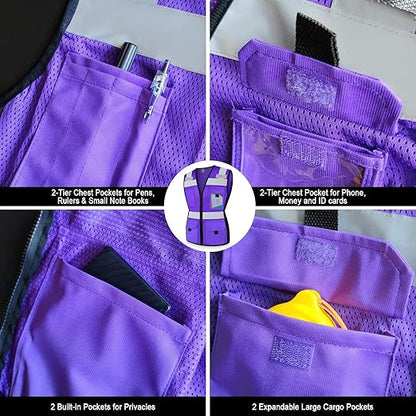 TCCFCCT Safety Vest for Women 11 Pockets Mesh Reflective Vest with Zipper, High Visibility Neon Construction Work Vest for Lady Workers/Surveyors/Drivers, Snug-Fit & Durable, ANSI Compliant, Purple M