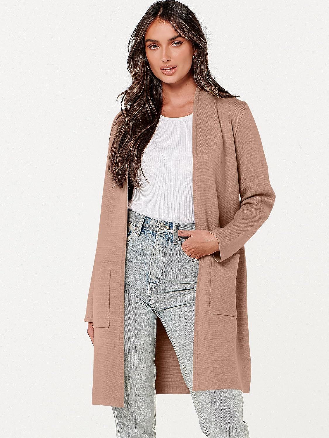 This ANRABESS cardigan is perfect for chilly days - the soft, stretchy material and open front design make it a versatile layering piece.