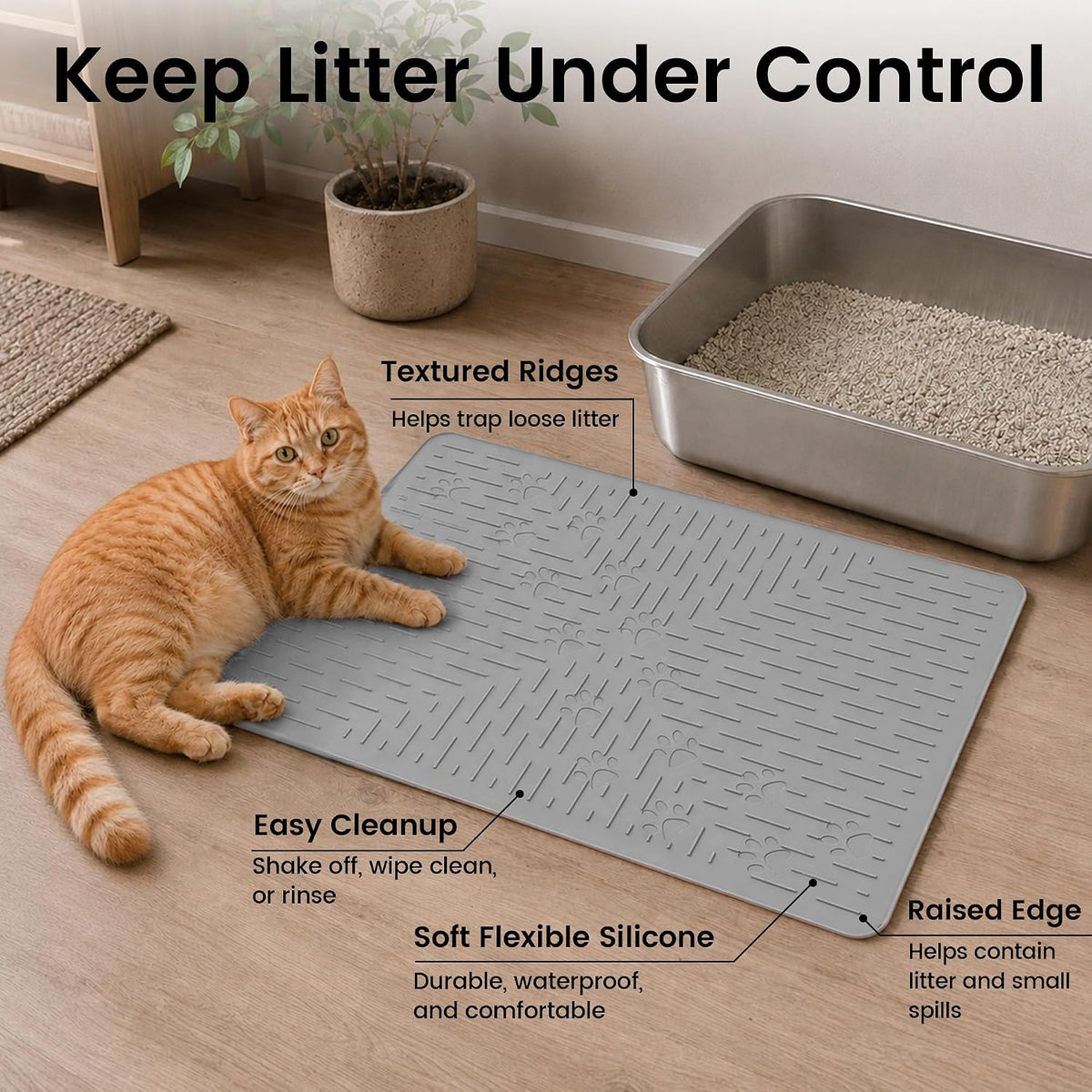 OHMO Cat Litter Mat Trapping Mat Premium Silicone Rubber 23.5x16 Grey, Waterproof and BPA Free Kitty Litter Box Mat, Easy to Clean and Keeps The Floor Tidy