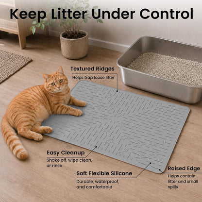 OHMO Cat Litter Mat Trapping Mat Premium Silicone Rubber 23.5x16 Grey, Waterproof and BPA Free Kitty Litter Box Mat, Easy to Clean and Keeps The Floor Tidy