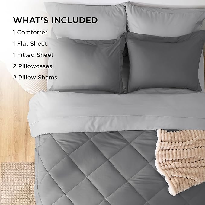 Bedsure Full Size Comforter Set - 7 Pieces Reversible Grey Bedding, Full Size Bed Set for All Seasons, Bed in a Bag with Down Alternative Comforter, Sheets, Pillowcases  Shams