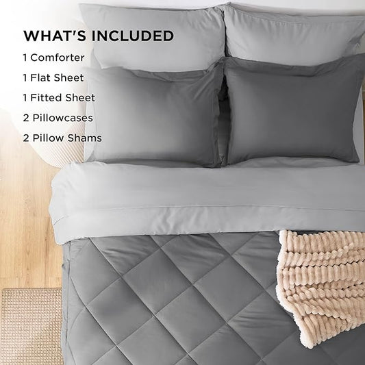 Bedsure Full Size Comforter Set - 7 Pieces Reversible Grey Bedding, Full Size Bed Set for All Seasons, Bed in a Bag with Down Alternative Comforter, Sheets, Pillowcases  Shams