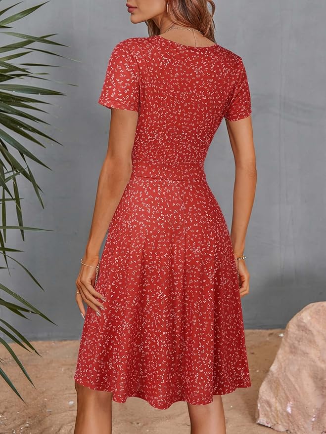 MSBASIC Womens Summer Wrap V Neck Casual Dresses Floral Short Sleeve A-Line Midi Sundress