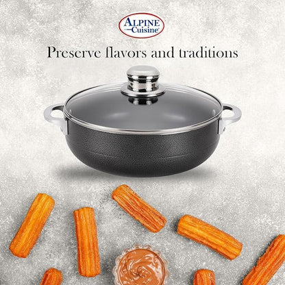 Alpine Cuisine 3.5 Quart Nonstick Cauldron with Glass Lid Multipurpose Aluminum Dutch Oven for Braising - Boiling - Stewing Nonstick Coating with Black Finish