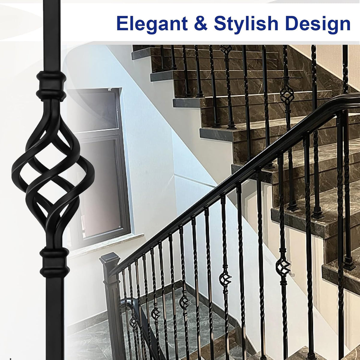 16 Pack Wrought Iron Stair Balusters – 44" Hollow Single Basket & Double Twist Design, 1/2" Square Black Metal Spindles with 32 Swivel Shoes for Indoor/Outdoor Staircase Remodel