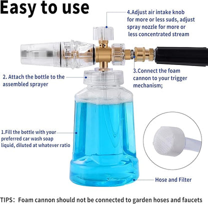 Foam Cannon - Pressure Washer Gun with 14 Inch Quick Connect and Adjustable Nozzle Car Wash Sprayer with 1 L Bottle, Professional Car Foam Cannon Fits Most Power Washing Accessories (4000 PSI)