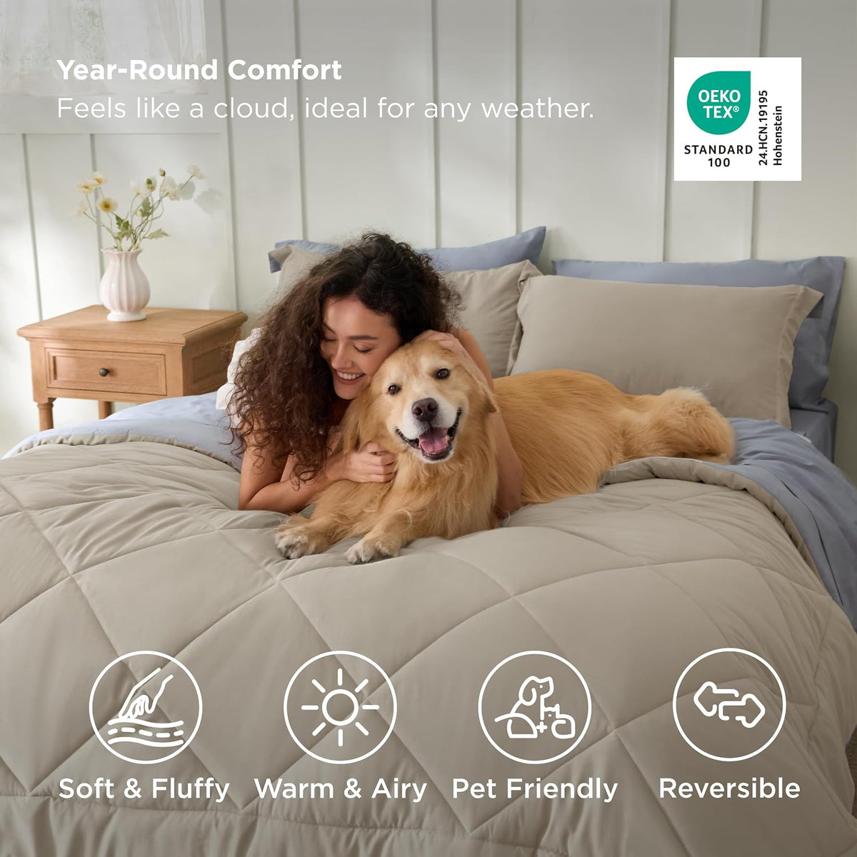 Bedsure King Size Comforter Set - 7 Pieces Reversible Beige Bedding, King Size Bed Set for All Seasons, Bed in a Bag with Down Alternative Comforter, Sheets, Pillowcases & Shams