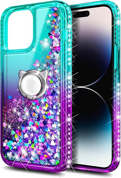 Designed for iPhone 15 Pro Max Case with Tempered Glass Screen Protector/Camera Lens Protector/Wrist Strap Lanyard/Ring Holder, Glitter Floating Liquid Girls Women Cute Case (Aqua/Purple)