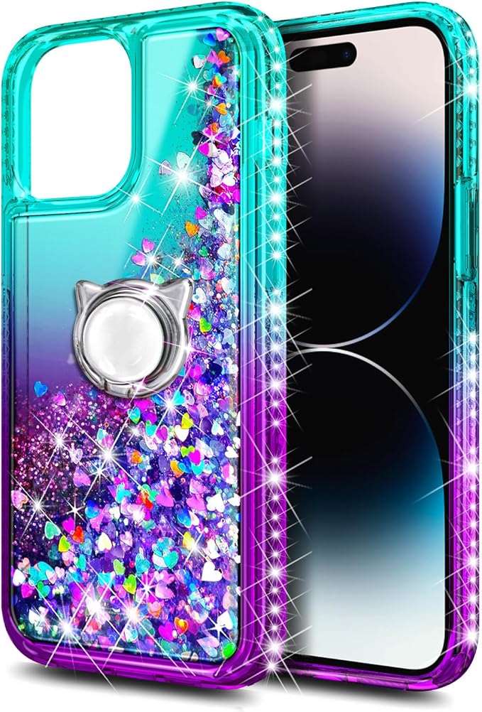 Designed for iPhone 15 Pro Max Case with Tempered Glass Screen Protector/Camera Lens Protector/Wrist Strap Lanyard/Ring Holder, Glitter Floating Liquid Girls Women Cute Case (Aqua/Purple)