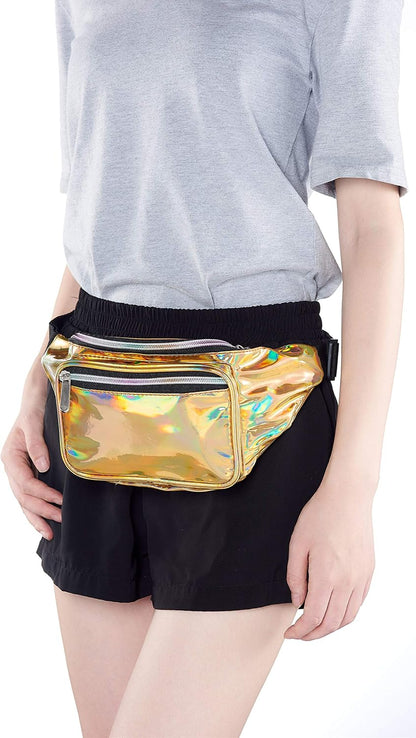 Holographic gold fanny pack, perfect for festivals, parties, and outdoor adventures, waterproof, adjustable, and spacious. Others are loving it!