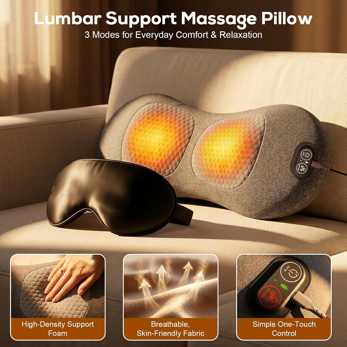 Freebody Upgraded 3-in-1 Lumbar Support Pillow with Heat, Vibration & Stretching, Ergonomic Electric Lumbar Pillow, Portable Lower Back Support Cushion for Home, Office, Car & Travel