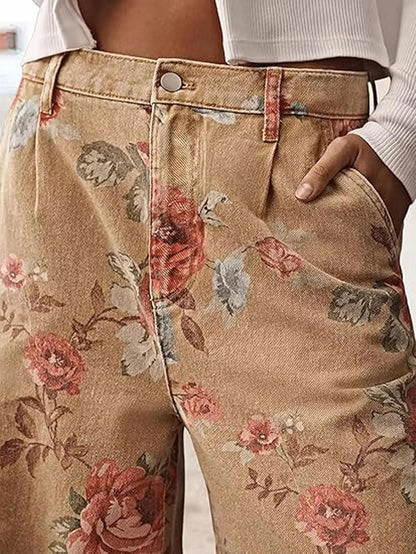 FLAMINGALS Women Mid Rise Cropped Wide Leg Jeans Baggy Floral Ankle Pants Denim Capris Flare Print Boho Palazzo Jeans Boyfriend