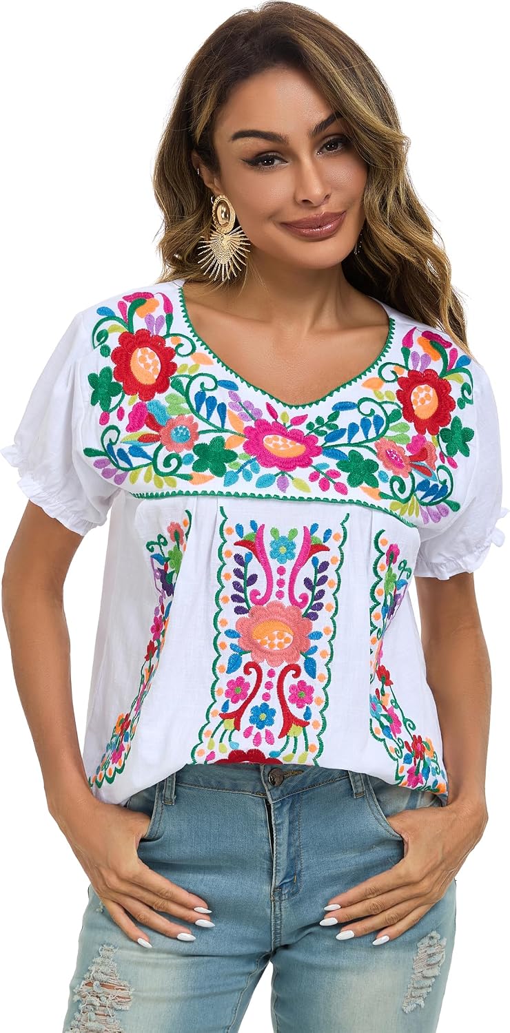 YZXDORWJ Embroidered Mexican Top for Women Peasant Blouse Mexico Summer Shirt Short Sleeve