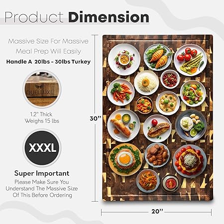 30" x 20" Acacia Wood End Grain Cutting Board Extra Large, XXXL Noodle Board Stove Cover, Heavy-Duty Butcher Block, 3XL Meat Chopping Board, Oversized Turkey Carving Board, Charcuterie Board