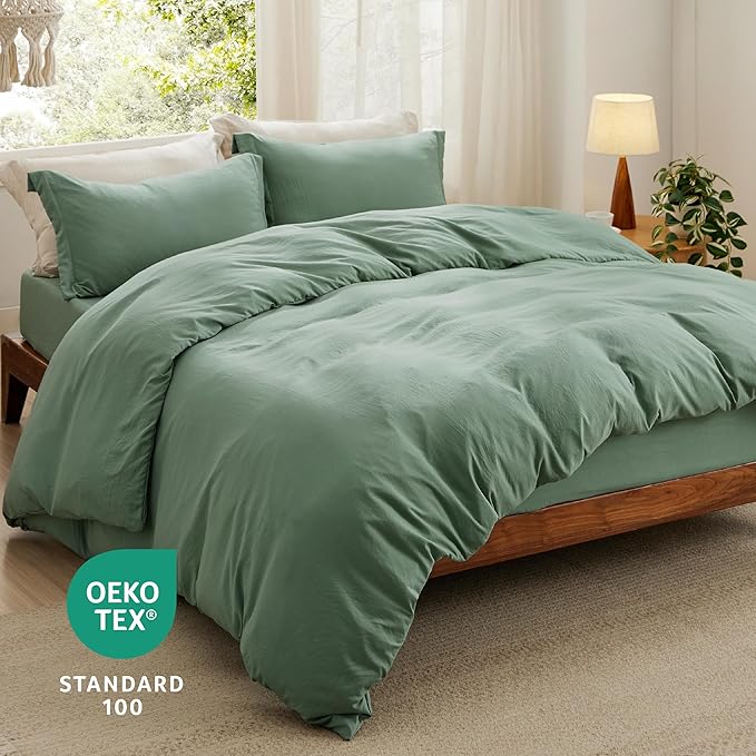 Bedsure Duvet Cover Queen Size with Fitted Sheet - 4 Pieces Prewashed Extra Soft Bedding Set, Includes 1 Duvet Cover 90x90 Inches with Zipper Closure, 2 Pillow Shams, 1 Fitted Sheet, Sage Green