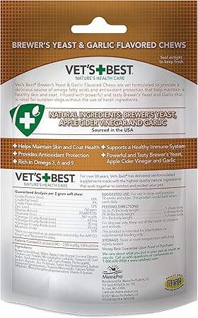 Vets Best Brewers Yeast  Garlic Chews, Omega 3 for Dogs Healthy Skin  Coat Protection for Dogs, Dog Formulated with Veterinary Recommended Dosage, Garlic Supplements, 60 ct