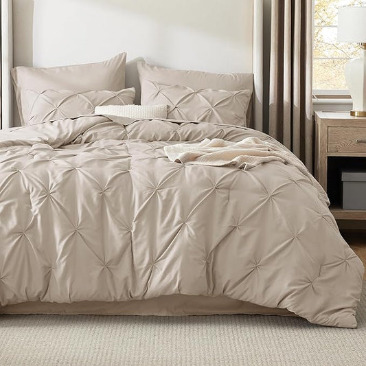 Bedsure Queen Comforter Set Beige - Bed in a Bag Queen Size 7 Pieces, GentleSoftTM Pintuck Bed Set Gift for Family, Pinch Pleat Beige Comforter with Sheets, Pillowcases  Shams