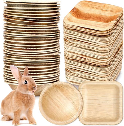 Set of 50 4-inch disposable palm leaf plates for rabbits, sturdy bamboo bowls for parties, compostable decorative tableware for rabbits, Easter, birthday, outdoors