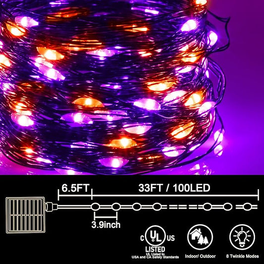 kemooie 2 Pack Total 200 LED Solar Halloween Lights, 8 Twinkle Modes Upgraded Solar Powered Fairy Lights, for Outdoor, Garden, Balcony Party Halloween Decorations (Purple and Orange)