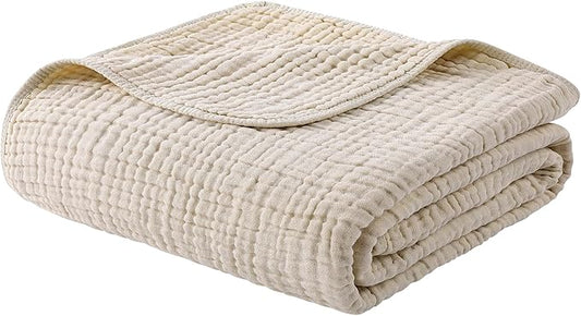 Yoofoss Muslin Blanket 100% Organic Cotton Throw Large 50" x 60" for Bed Couch Summer Gauze Blanket for Adults Lightweight and Breathable Apricot White
