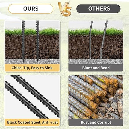 24 Inches Straight Rebar Stakes(20-Pack), 12" Diameter Steel Metal Stakes for Garden with Chisel Point End Heavy Duty Ground Anchors for Landscape, Concrete Form, Camping  Trapping Black