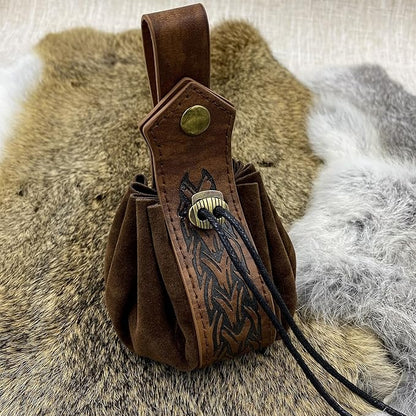 Medieval Faux Leather Pouch,Viking Belt Pouch,Retro Nordic Belt Pack,Portable Drawstring Purse,Dice Bag For Hiking Archery LARP Renaissance Faire Costume