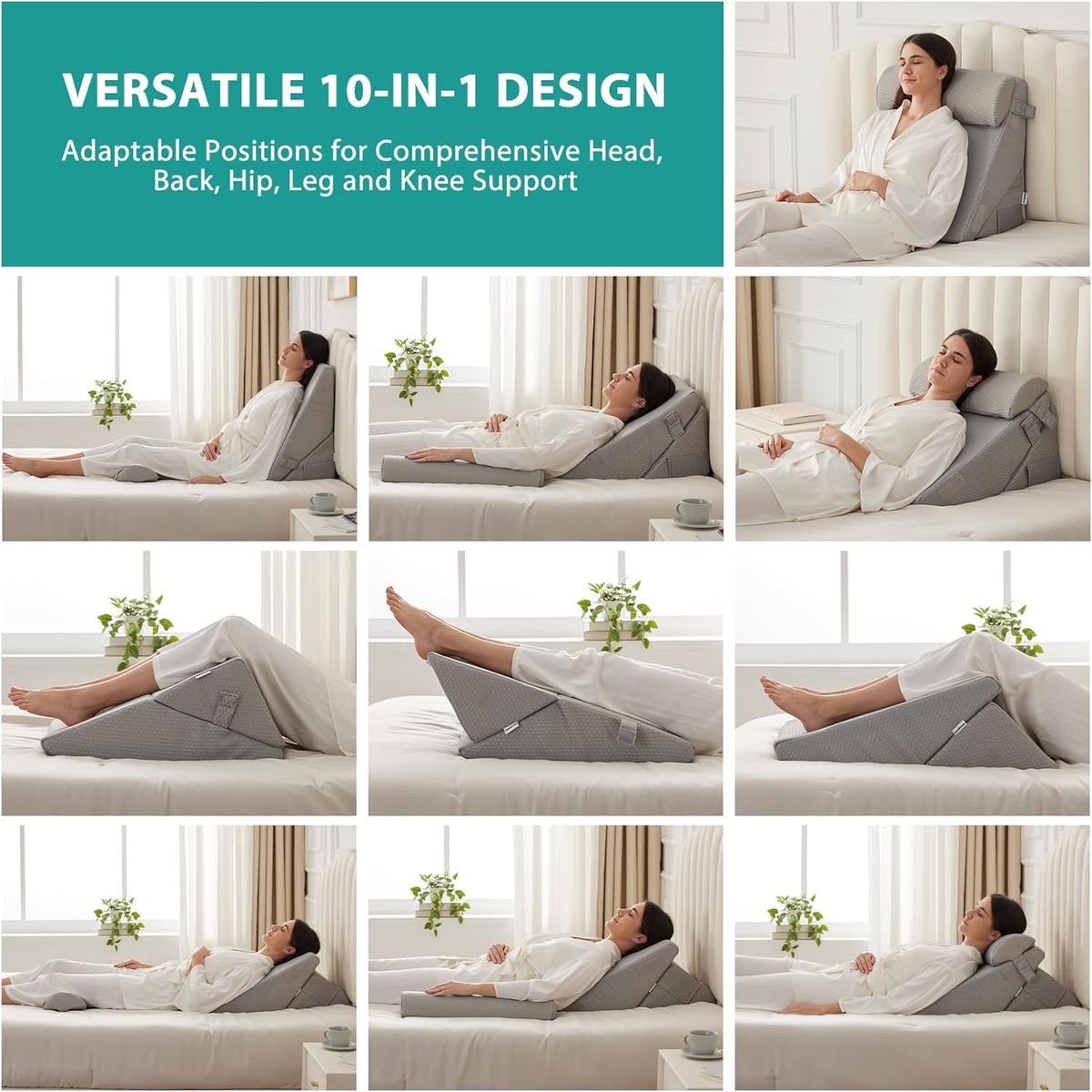 3Pcs Orthopedic Bed Wedge Pillow Set, Foam Wedge Pillow Post Surgery for Back, Leg and Knee Support, Adjustable 9&12 Inch Folding Triangle Pillow for Sleeping, Acid Reflux, Snoring, Gray