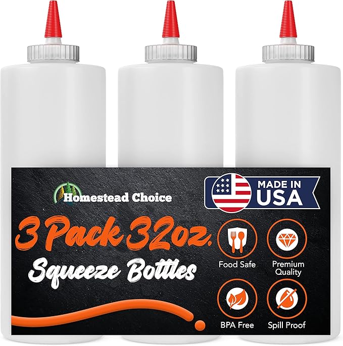 Homestead Choice Made in USA Condiment Squeeze Bottles 32 OZ, 3 Pack Squirt Bottles for Sauces Liquids BPA Free Condiment Bottles with Cap Ketchup, Syrup, Oil, Dressings, Honey, BBQ, Arts Crafts