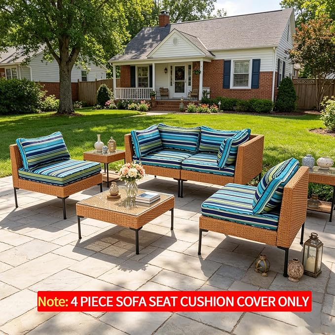 4 Pack Patio Cushion Covers Replacement, Washable Outdoor Cushion Covers Replacement with Zipper, Waterproof Outdoor Couch Cushion Slipcovers for Patio Furniture, Cyan Stripes, 18.9"D×18.9"W×3.15"H