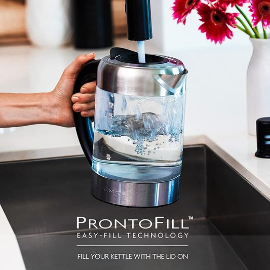 OVENTE Electric Kettle with 1.7L Borosilicate Glass, 1500W Instant Water Boiler and Heater for Coffee or Tea, BPA Free, Easy to Fill Lid, Auto Shut-Off and Boil Dry Protection, Silver KG6120S