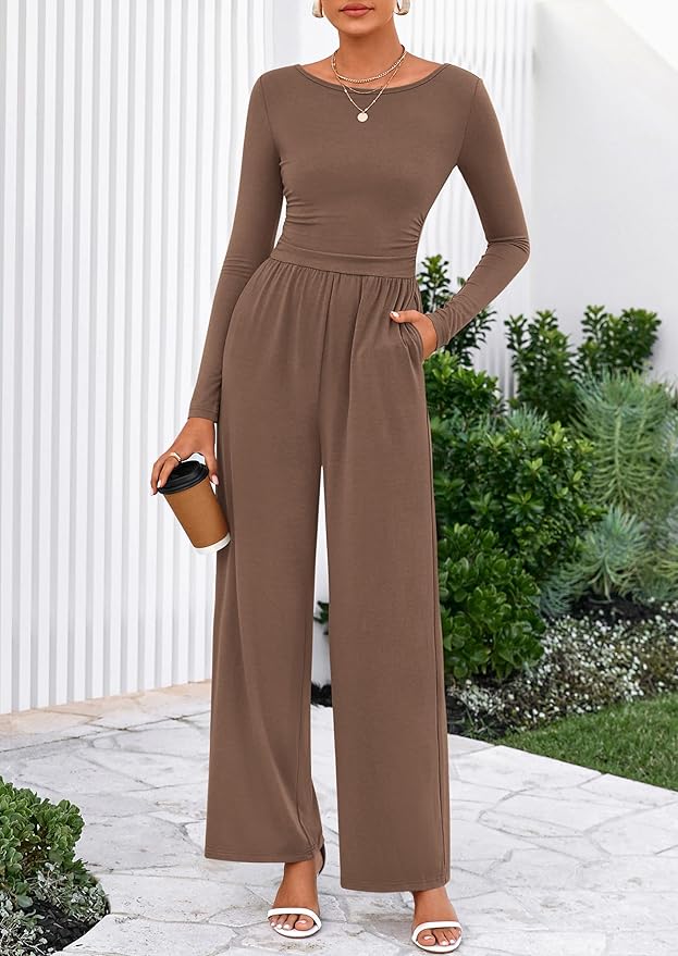 PRETTYGARDEN One Piece Jumpsuits for Women Dressy Casual Long Sleeve Crewneck Wide Leg Rompers Jumpers Vacation Outfits 2025