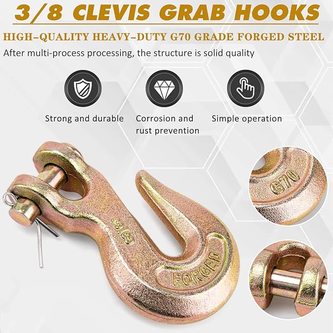 3/8 Chain Hook, Chain Hooks 3/8 Heavy Duty, 6600Lbs G70 Clevis Grab Hook 3/8 Inch for Trailer Truck Tow Chain Transport -Yellow Chromate Finish (2 Pack)