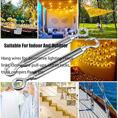 Turnbuckles Hook, Reedny 304 Stainless Steel Turnbuckle Heavy Duty M4 M6 M8 Hook and Eye Turnbuckle for Cables Wire Rope Tension 532" 14" 516" for Sun Shade Fence Tent Rope Installation(M4, 4Pcs)