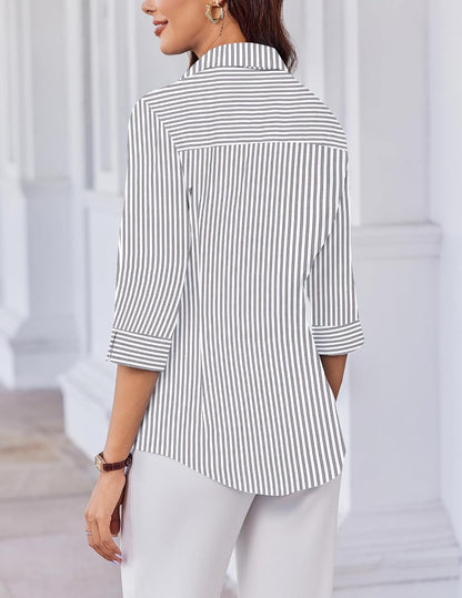 Women Button Down Shirts 3/4 Sleeve Basic Business Dress Shirt Slim Fitted Classic V Neck Button Up Work Blouse Tops
