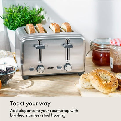 BELLA 4 Slice Toaster with Auto Shut Off - Extra Wide Slots and Removable Drop-Down Crumb Tray with Cancel and Reheat Function - For Texas Toast, Large Bread  Bagel, Stainless Steel