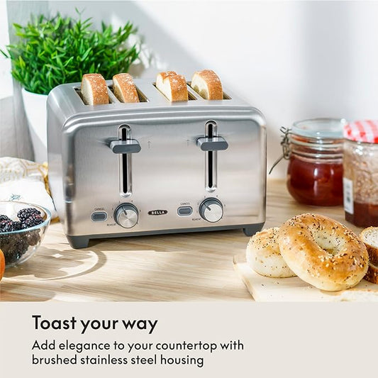 BELLA 4 Slice Toaster with Auto Shut Off - Extra Wide Slots and Removable Drop-Down Crumb Tray with Cancel and Reheat Function - For Texas Toast, Large Bread  Bagel, Stainless Steel