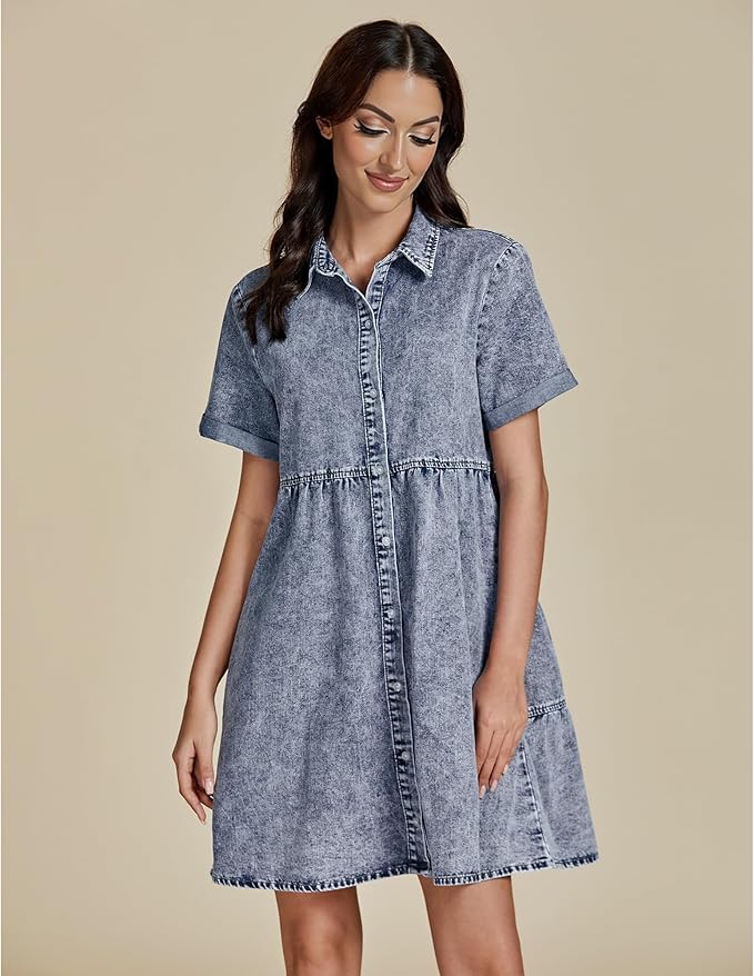 GRAPENT Denim Dress for Women Babydoll Tiered Short Sleeve Button Down Jean Shirt Dresses
