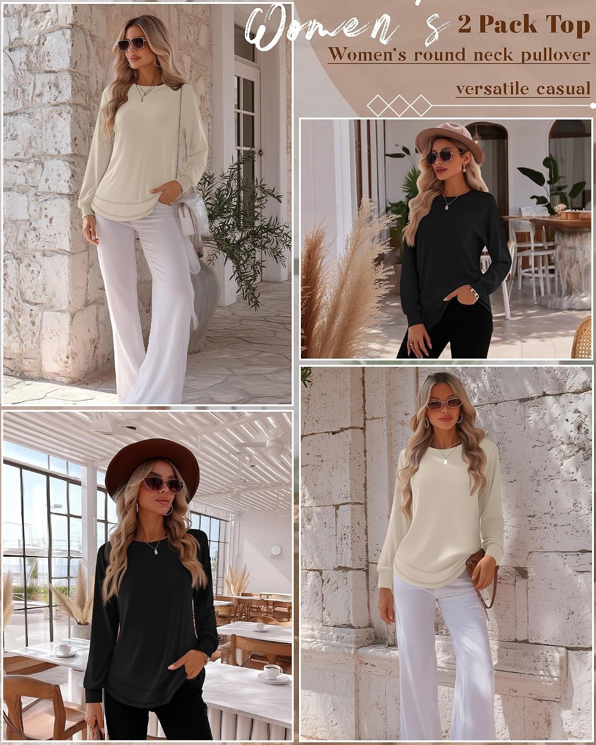 Riyiper 2 Pack Women's Crew Neck Sweatshirts, Cotton Long Sleeve Casual Shirts Loose Fit Tunic Tops Plain Basic Pullover Tees