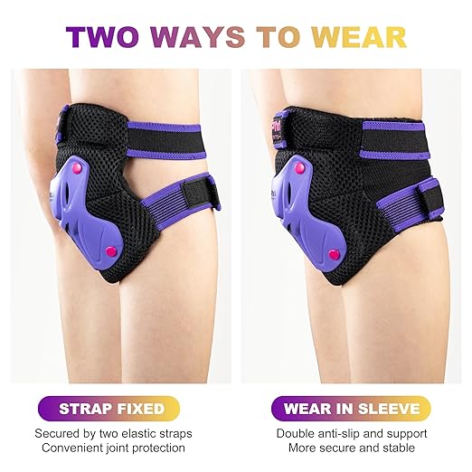 2PM SPORTS Knee Pads for Kids, Wrist Guards Knee and Elbow Pads Set with Drawstring Bag, Protective Gear Set for Girls Boys Roller Skating Cycling Skateboard - Purple Medium
