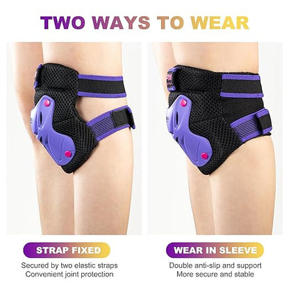 2PM SPORTS Knee Pads for Kids, Wrist Guards Knee and Elbow Pads Set with Drawstring Bag, Protective Gear Set for Girls Boys Roller Skating Cycling Skateboard - Purple Medium