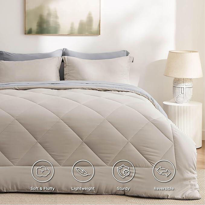 Bedsure King Size Comforter Set - 7 Pieces Reversible Beige Bedding, King Size Bed Set for All Seasons, Bed in a Bag with Down Alternative Comforter, Sheets, Pillowcases  Shams