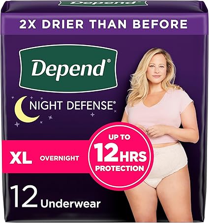 Depend Night Defense Adult Incontinence  Postpartum Bladder Leak Underwear for Women, Disposable, Overnight, Extra-Large, Blush, 12 Count, Packaging May Vary