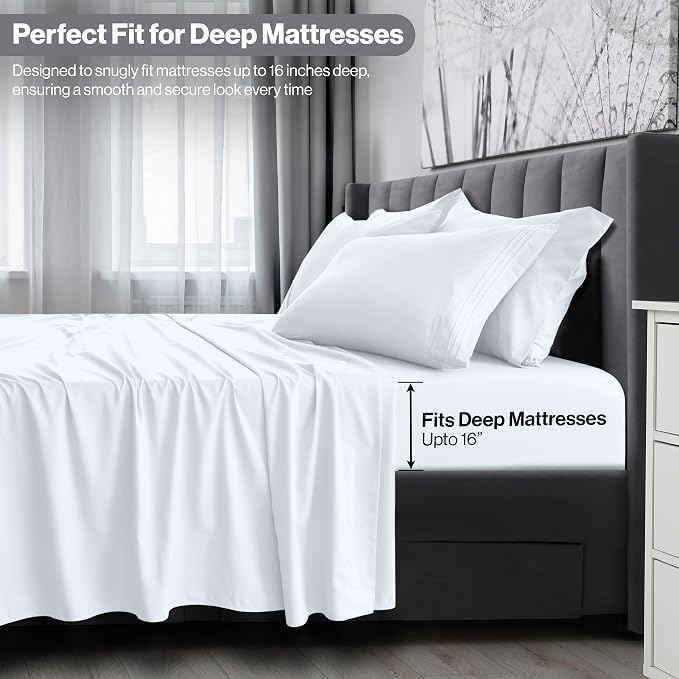 LUX Décor Queen Sheet Set - 4 Piece Ultra-Soft Microfiber Bed Sheets with Flat Sheet, 16 Inches Deep Pocket Fitted Sheet & 2 Pillowcases, Cooling & Breathable, Hotel Luxury, Oeko-TEX - White