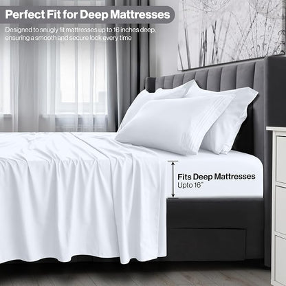 LUX Décor Queen Sheet Set - 4 Piece Ultra-Soft Microfiber Bed Sheets with Flat Sheet, 16 Inches Deep Pocket Fitted Sheet & 2 Pillowcases, Cooling & Breathable, Hotel Luxury, Oeko-TEX - White