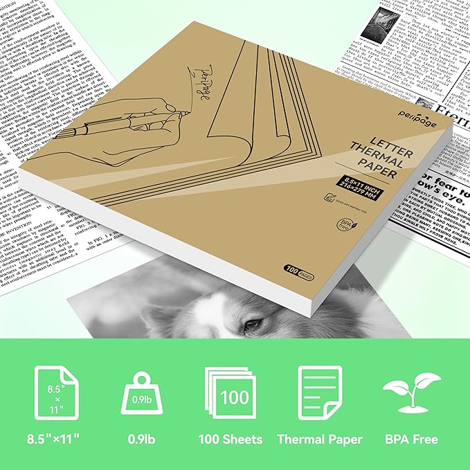 Thermal Printer Paper 8.5''A11'' US Letter 100 Sheets Quick-Dry Single Page Thermal Paper for Portable Thermal Printer