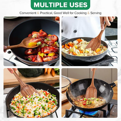Teak Wood Spatula for Cooking, Wooden Kitchen Cooking Utensil, Large Long Handle Solid Wok Spatula Flipper with Raised Sides for Serving Scooping Frying Mixing Stirring Eggs Beans,Non-Toxic,13.4?,1Pk