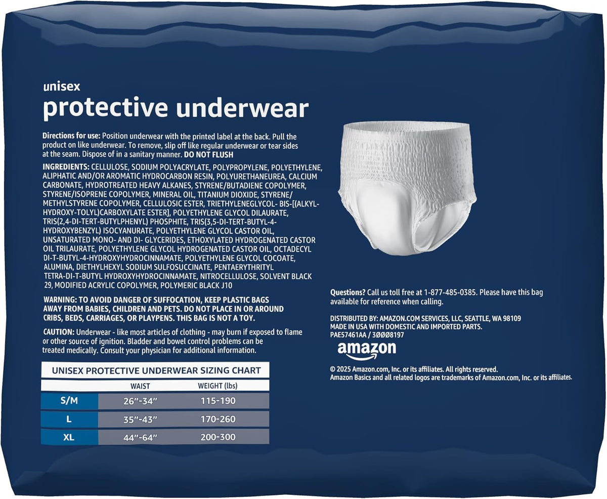 Basics Unisex Adult Incontinence Protective Underwear, Overnight Absorbency, Moisture-Wicking, Soft, Latex Free, Large, 14 Count