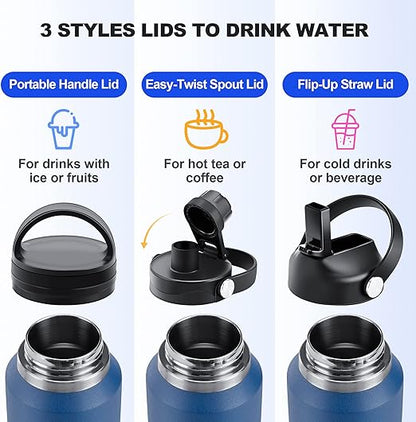 HYDROWION 32oz Stainless Steel Water Bottle(Cold for 48 Hrs, Hot for 24 Hrs), Double Wall Vacuum Insulated Water Flask with Straw Lid, Spout Lid and Flex Cap, Fit in Any Car Cup Holder, Cobalt